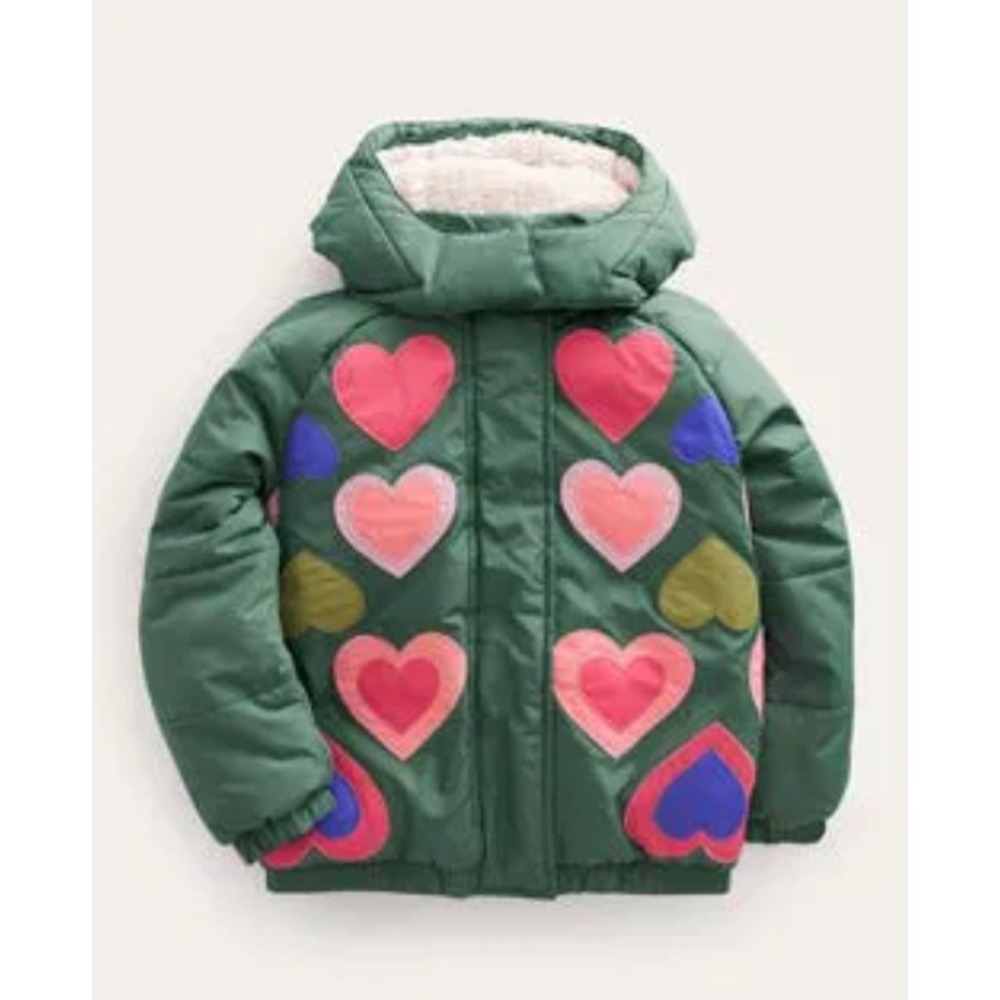 Mini Boden Green Heart Applique Padded Hooded Winter Coat Size 5-6Y